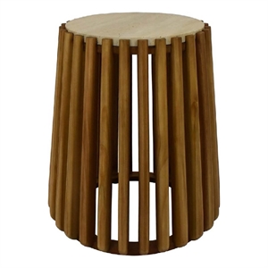 Benjara Gexy Side End Table- 16&quot Marble Top- Slatted Drum Base- Brown