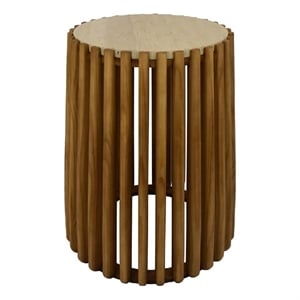 Benjara Gexy Side End Table- 18&quot Marble Top- Slatted Drum Base- Brown