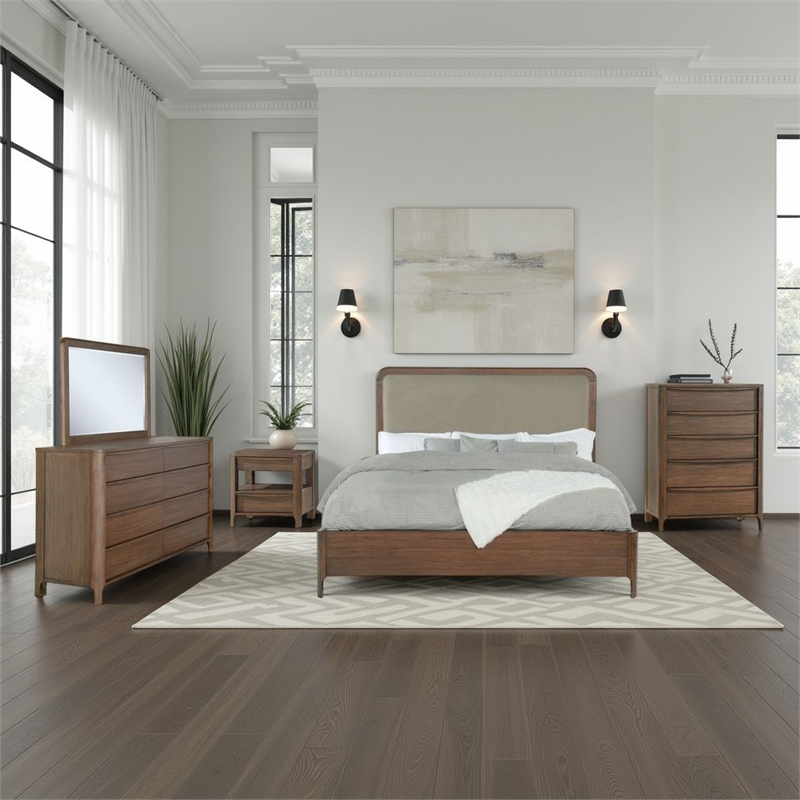 Benjara Rie 5pc Queen Bedroom Set with Dresser Mirror- Brown- Beige Upholstery