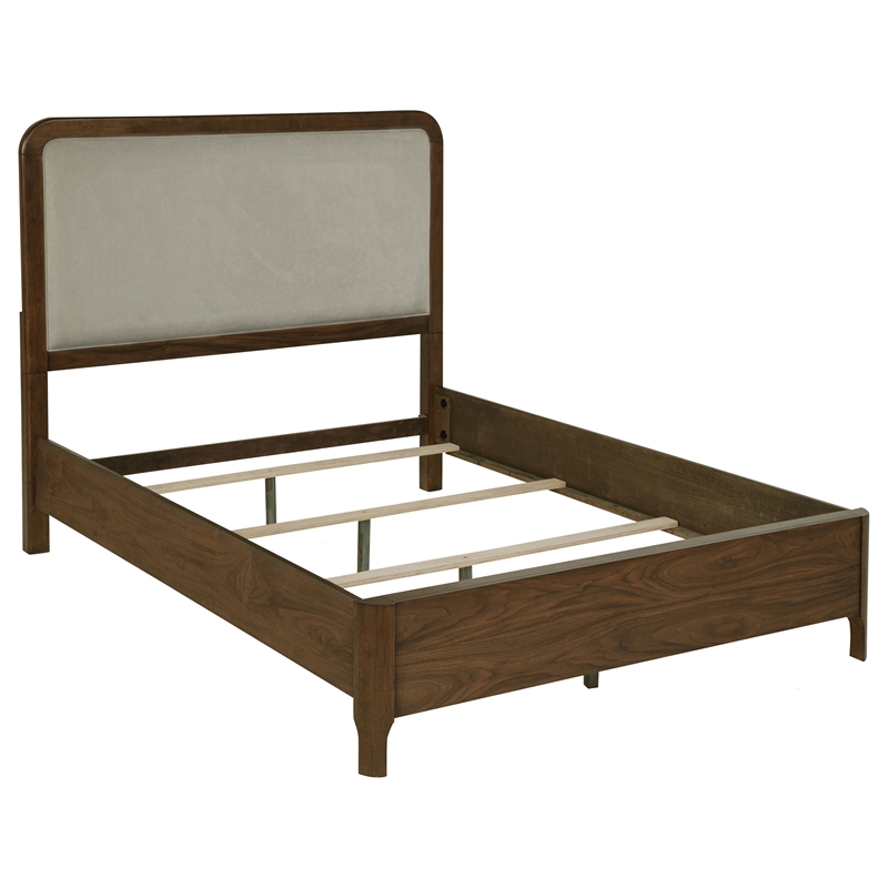 Benjara Rie 5pc Queen Bedroom Set with Dresser Mirror- Brown- Beige Upholstery