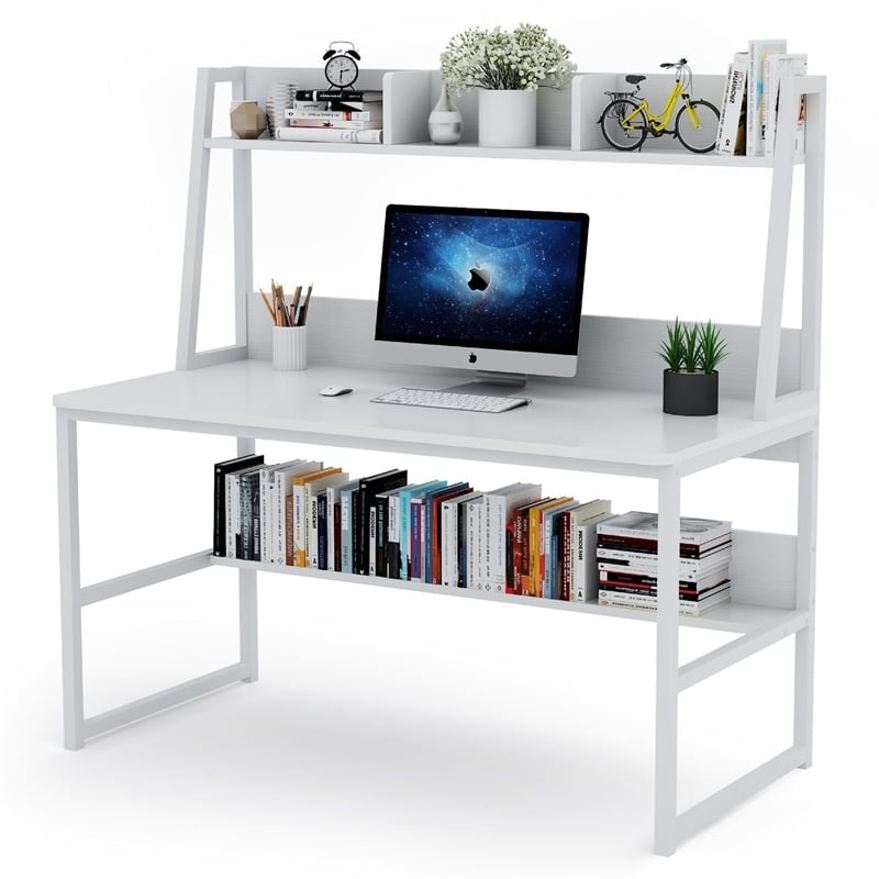Benjara Hivy Computer Desk with Bookshelf Hutch- Metal Legs- White Wood