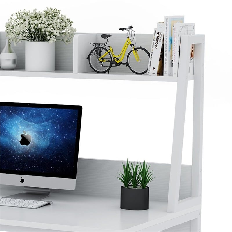 Benjara Hivy Computer Desk with Bookshelf Hutch- Metal Legs- White Wood