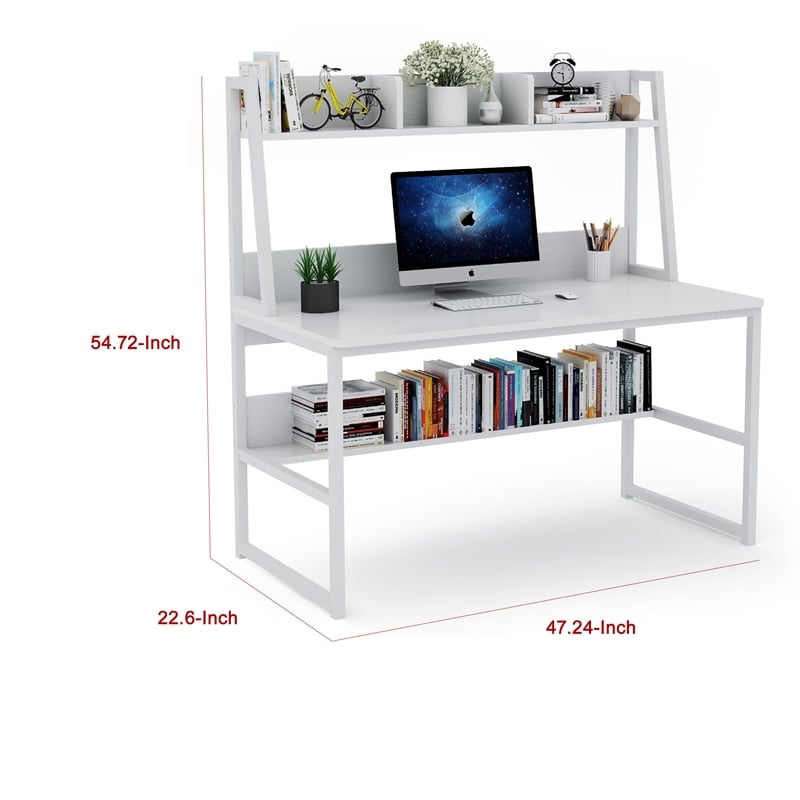 Benjara Hivy Computer Desk with Bookshelf Hutch- Metal Legs- White Wood