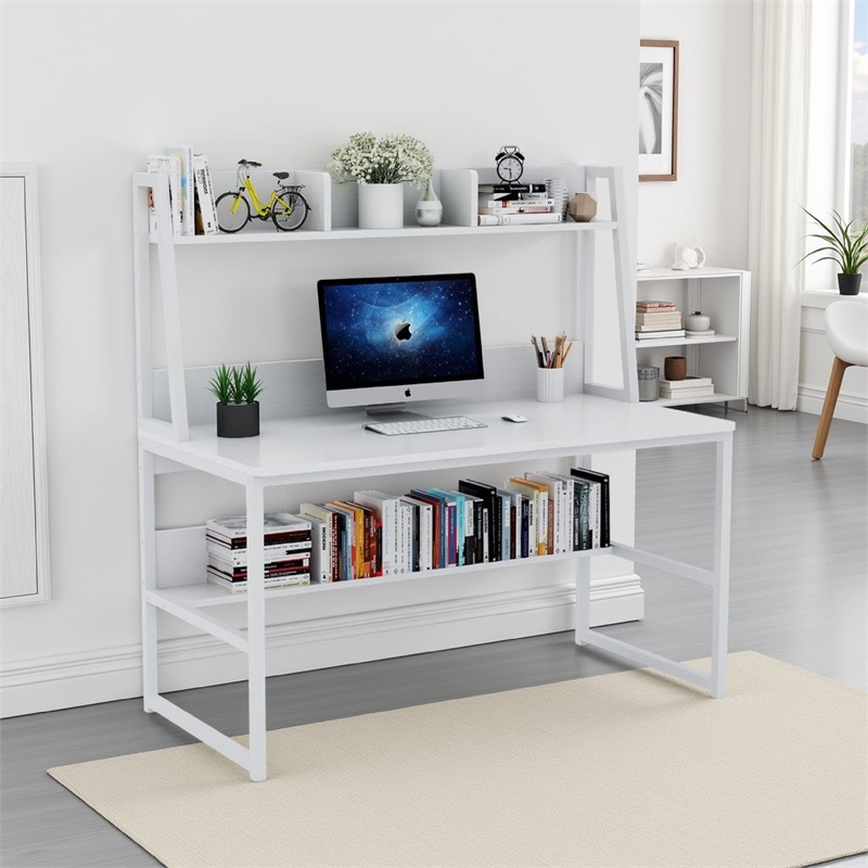 Benjara Hivy Computer Desk with Bookshelf Hutch- Metal Legs- White Wood