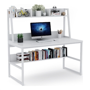 Benjara Hivy Computer Desk with Bookshelf Hutch- Metal Legs- White Wood