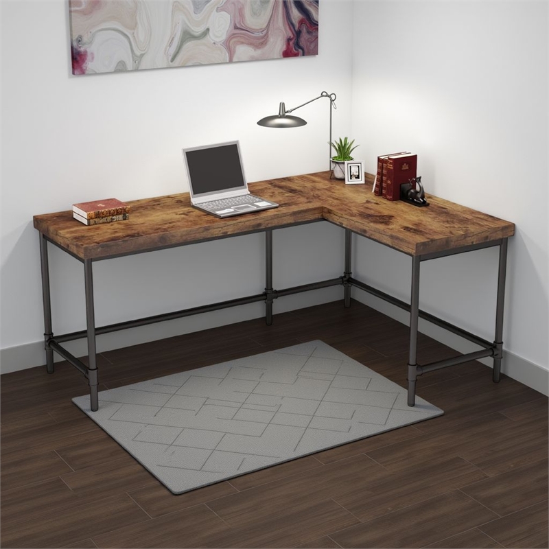 Benjara Reversible Corner L Computer Desk- Wood Grain Top- 67
