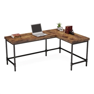 Benjara Reversible Corner L Computer Desk- Wood Grain Top- 67&quot Metal Frame