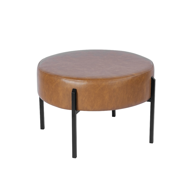Benjara Joe Round Ottoman Footstool- Black Metal- Brown Faux Leather 28 Inch