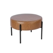 Benjara Joe Round Ottoman Footstool- Black Metal- Brown Faux Leather 28 Inch