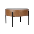 Benjara Joe Round Ottoman Footstool- Black Metal- Brown Faux Leather 28 Inch
