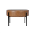 Benjara Joe Round Ottoman Footstool- Black Metal- Brown Faux Leather 28 Inch