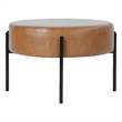 Benjara Joe Round Ottoman Footstool- Black Metal- Brown Faux Leather 28 Inch