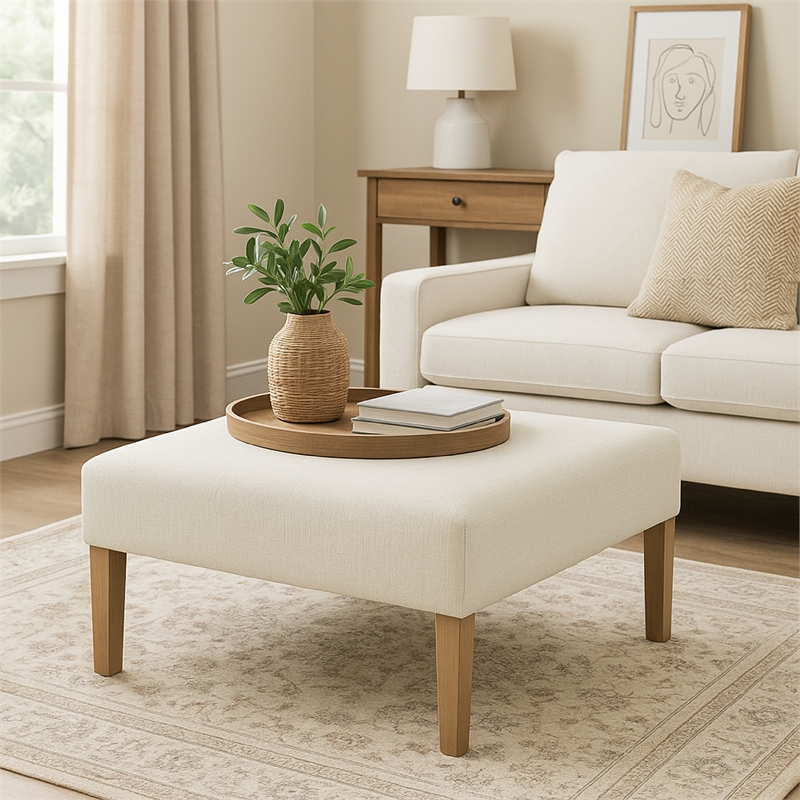 Benjara Dan Square Coffee Table Ottoman- Brown Wood- Cream Polyester 36 Inch