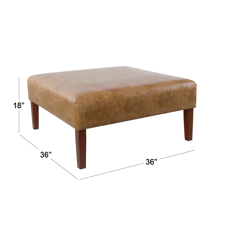 Benjara Dan Square Coffee Table Ottoman- Hardwood- Brown Faux Leather 36 Inch