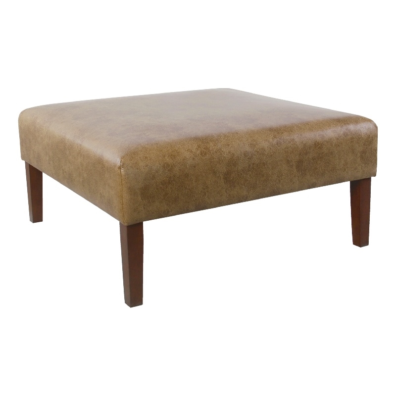 Benjara Dan Square Coffee Table Ottoman- Hardwood- Brown Faux Leather 36 Inch
