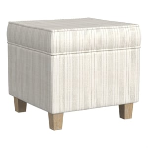 Benjara Pyp Square Storage Ottoman- 18&quot Ivory Pinstripe Fabric- Brown Legs
