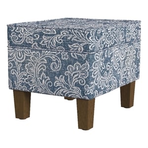 Benjara Ishi Accent Storage Ottoman- 22&quot Classic Denim Blue White Print