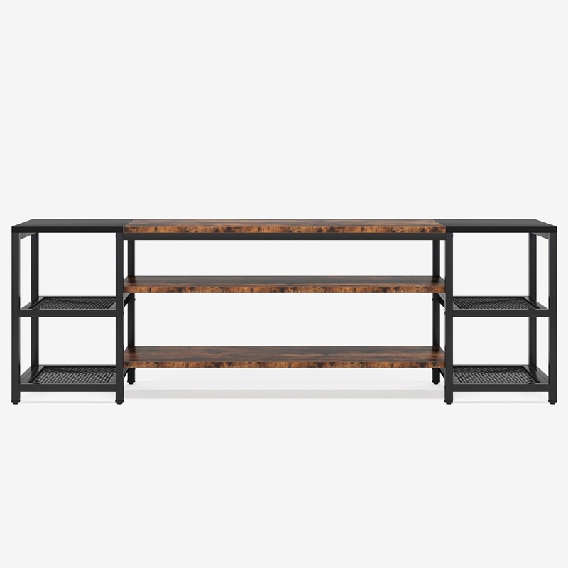 Benjara TV Media Entertainment Stand- 3 Tier- Industrial Brown Black 79 Inch