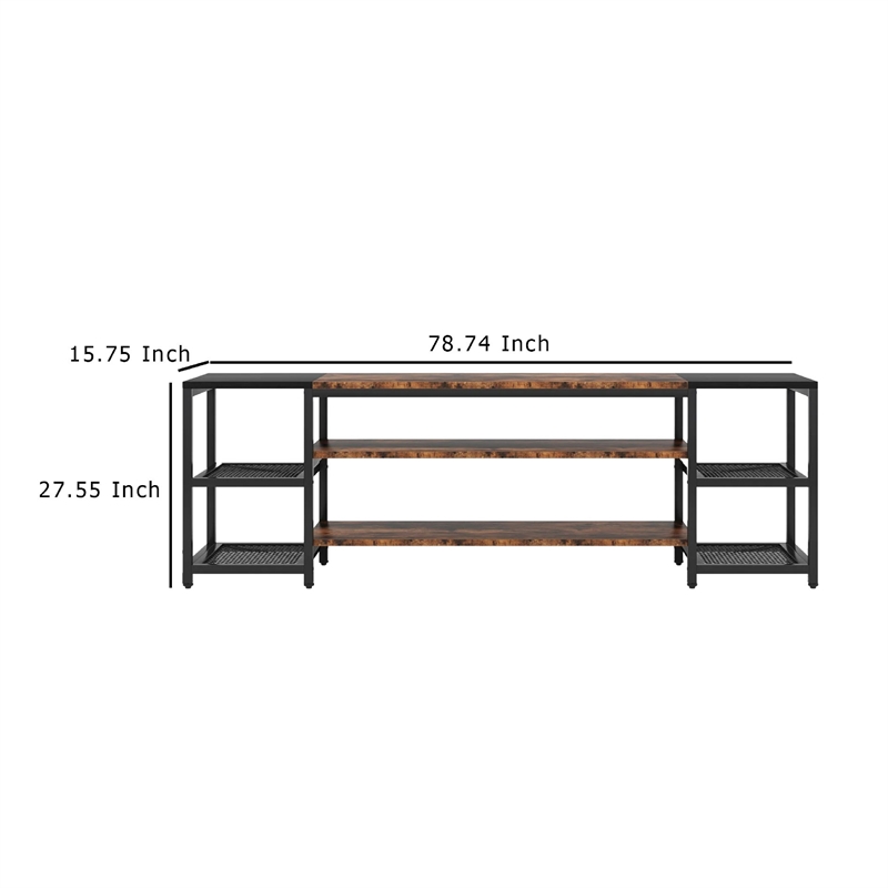 Benjara TV Media Entertainment Stand- 3 Tier- Industrial Brown Black 79 Inch