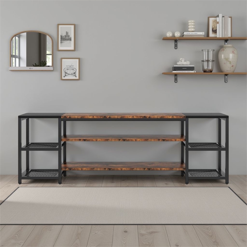 Benjara TV Media Entertainment Stand- 3 Tier- Industrial Brown Black 79 Inch