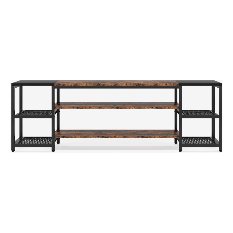Benjara TV Media Entertainment Stand- 3 Tier- Industrial Brown Black 79 Inch