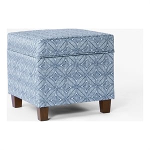 Benjara Pyp Square Storage Ottoman- 18&quot Indigo Blue Print- Walnut Brown