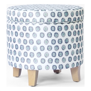 Benjara Loni Round Storage Ottoman- 19&quot Blue Green Ikat Print- Brown