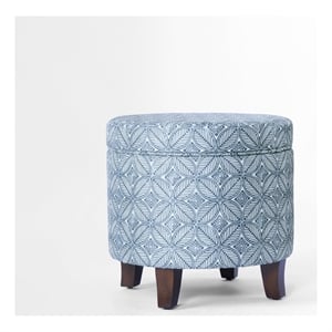 Benjara Loni Round Storage Ottoman- 19&quot Indigo Blue Pattern- Walnut Brown