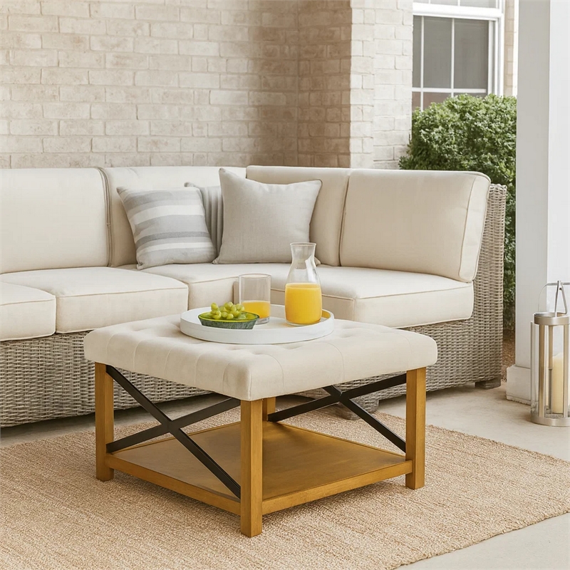 Benjara Ottoman with Open Storage- Wood Legs- Cream Tufted Microfiber 30 Inch