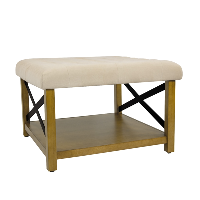 Benjara Ottoman with Open Storage- Wood Legs- Cream Tufted Microfiber 30 Inch