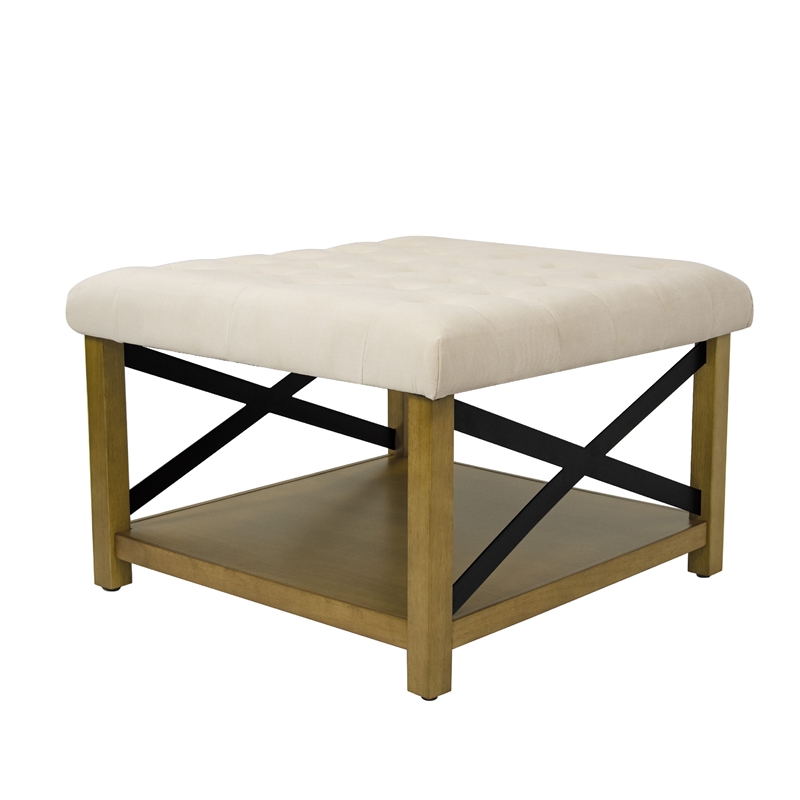 Benjara Ottoman with Open Storage- Wood Legs- Cream Tufted Microfiber 30 Inch
