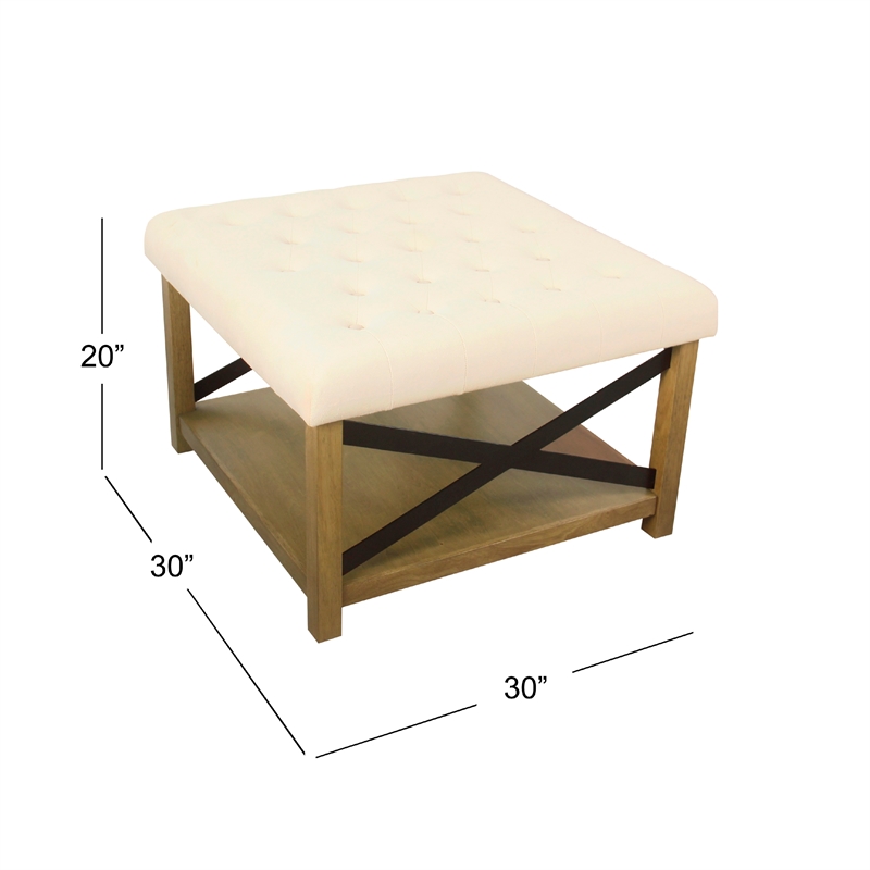 Benjara Ottoman with Open Storage- Wood Legs- Cream Tufted Microfiber 30 Inch