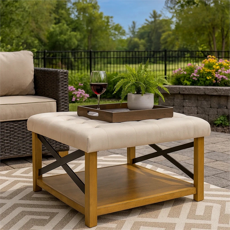 Benjara Ottoman with Open Storage- Wood Legs- Cream Tufted Microfiber 30 Inch