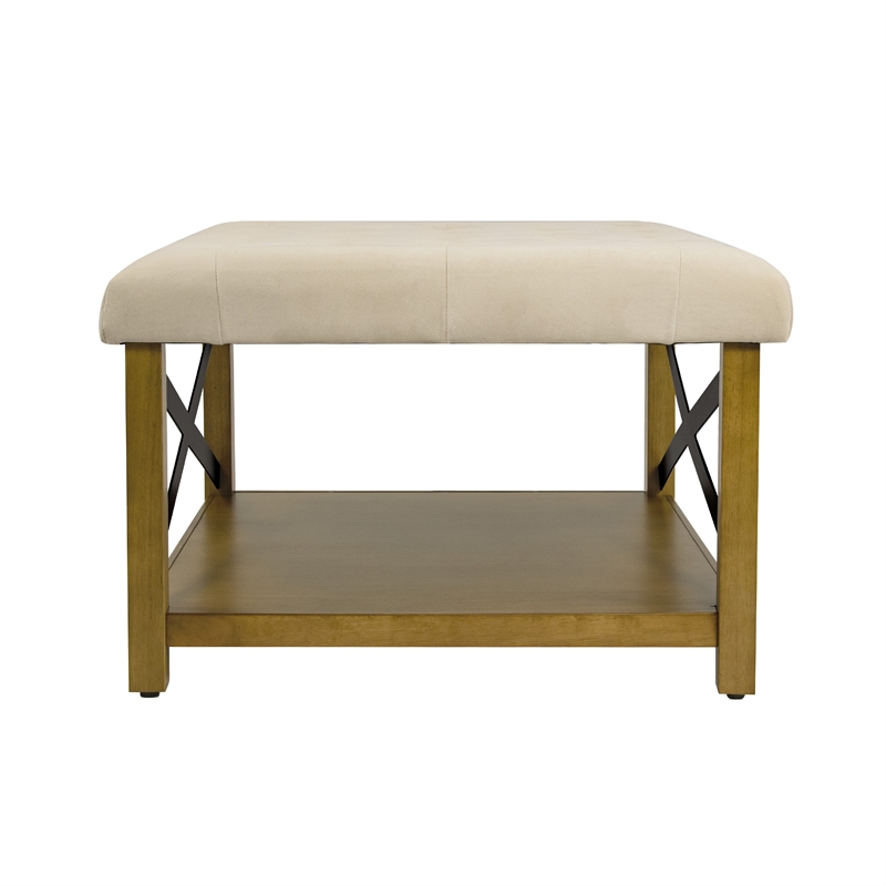 Benjara Ottoman with Open Storage- Wood Legs- Cream Tufted Microfiber 30 Inch