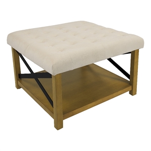 Benjara Ottoman with Open Storage- Wood Legs- Cream Tufted Microfiber 30 Inch