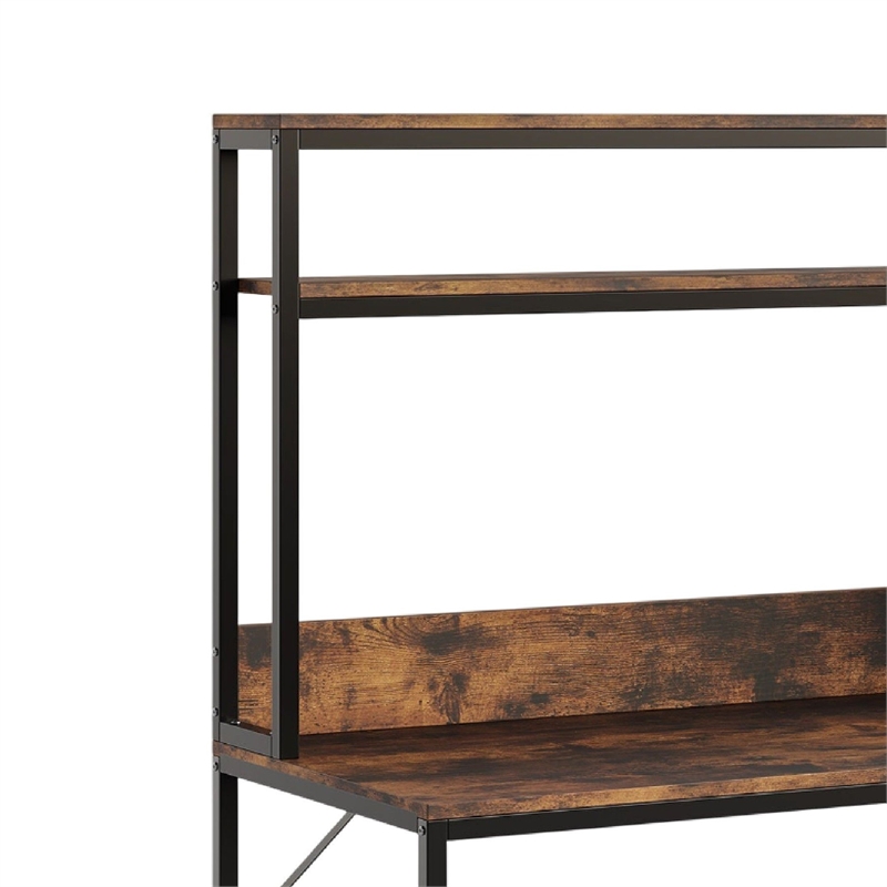 Benjara Computer Desk w Hutch- 2 Drawers- Display Shelves- Brown- Black Metal