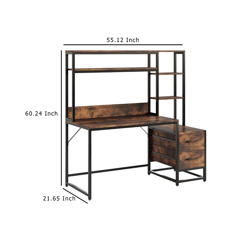 Benjara Computer Desk w Hutch- 2 Drawers- Display Shelves- Brown- Black Metal