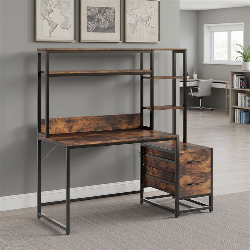 Benjara Computer Desk w Hutch- 2 Drawers- Display Shelves- Brown- Black Metal