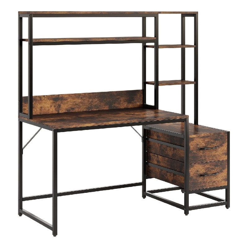 Benjara Computer Desk w Hutch- 2 Drawers- Display Shelves- Brown- Black Metal