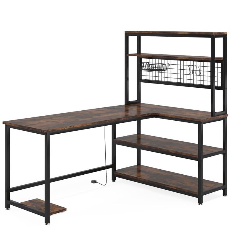 Benjara Reversible L Shaped Desk w Charging and Display Shelf- 55