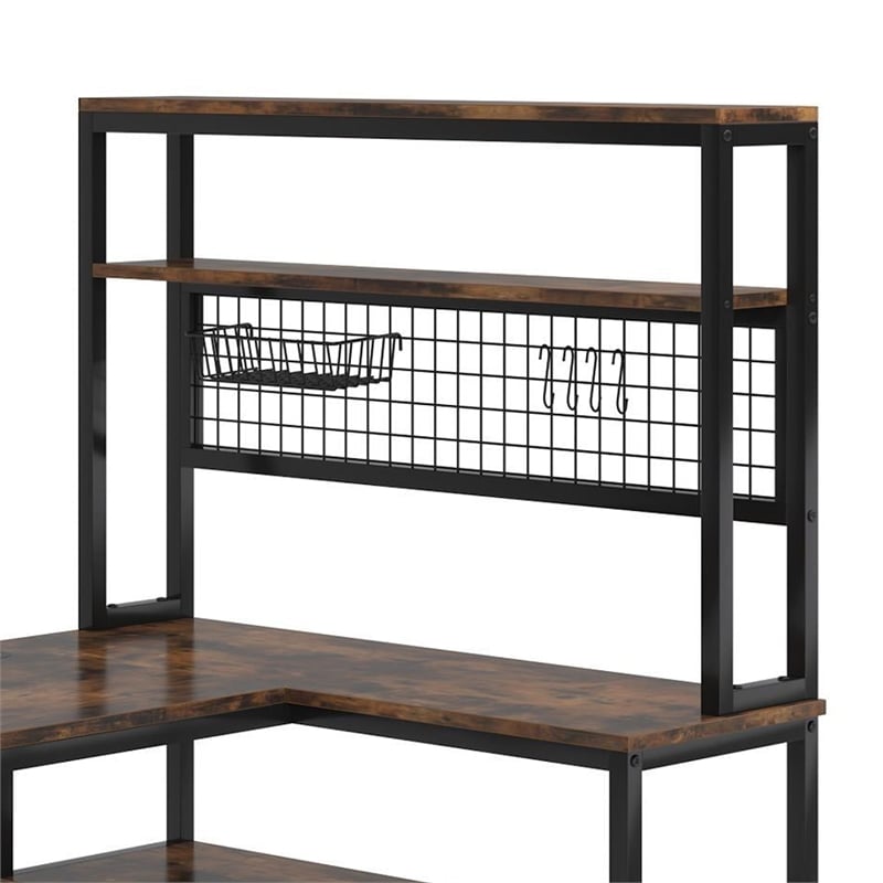 Benjara Reversible L Shaped Desk w Charging and Display Shelf- 55