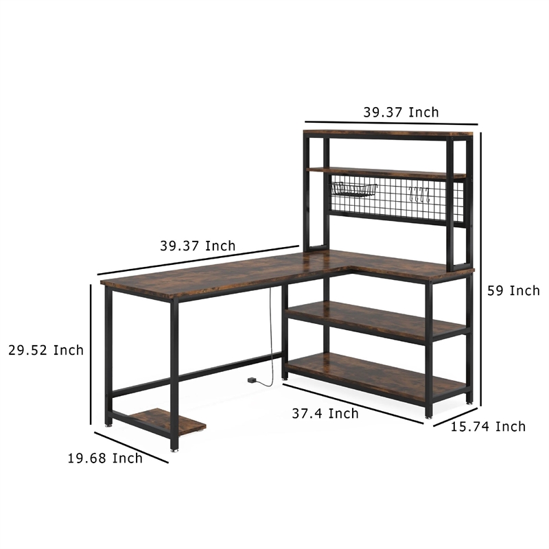 Benjara Reversible L Shaped Desk w Charging and Display Shelf- 55