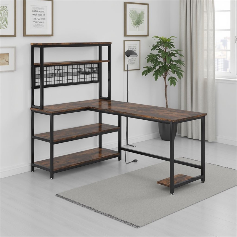 Benjara Reversible L Shaped Desk w Charging and Display Shelf- 55