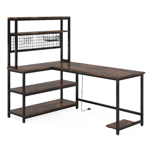 Benjara Reversible L Shaped Desk w Charging and Display Shelf- 55&quot Brown