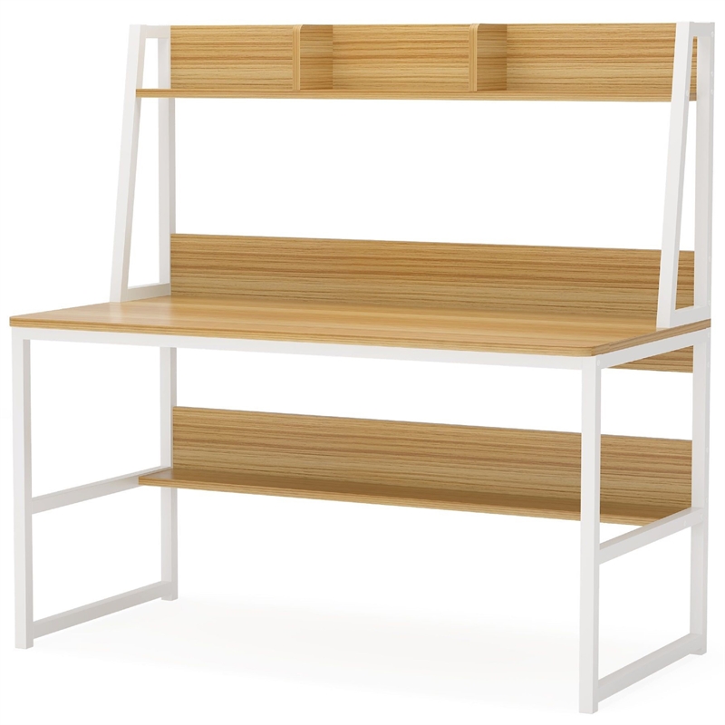 Benjara Modern Computer Desk with Hutch Bookshelf- White Brown Workstation