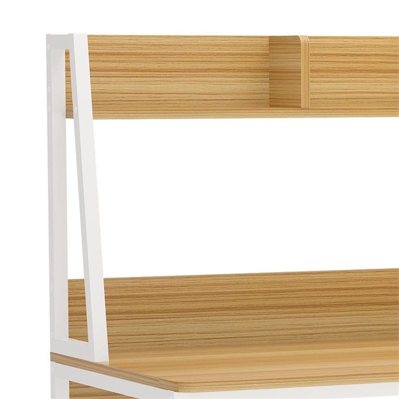 Benjara Modern Computer Desk with Hutch Bookshelf- White Brown Workstation