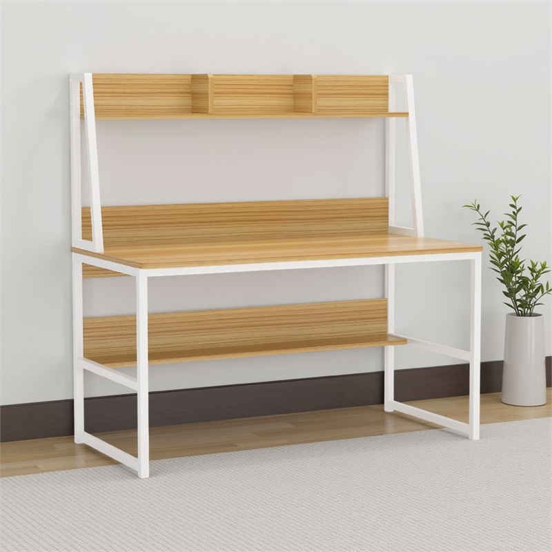 Benjara Modern Computer Desk with Hutch Bookshelf- White Brown Workstation