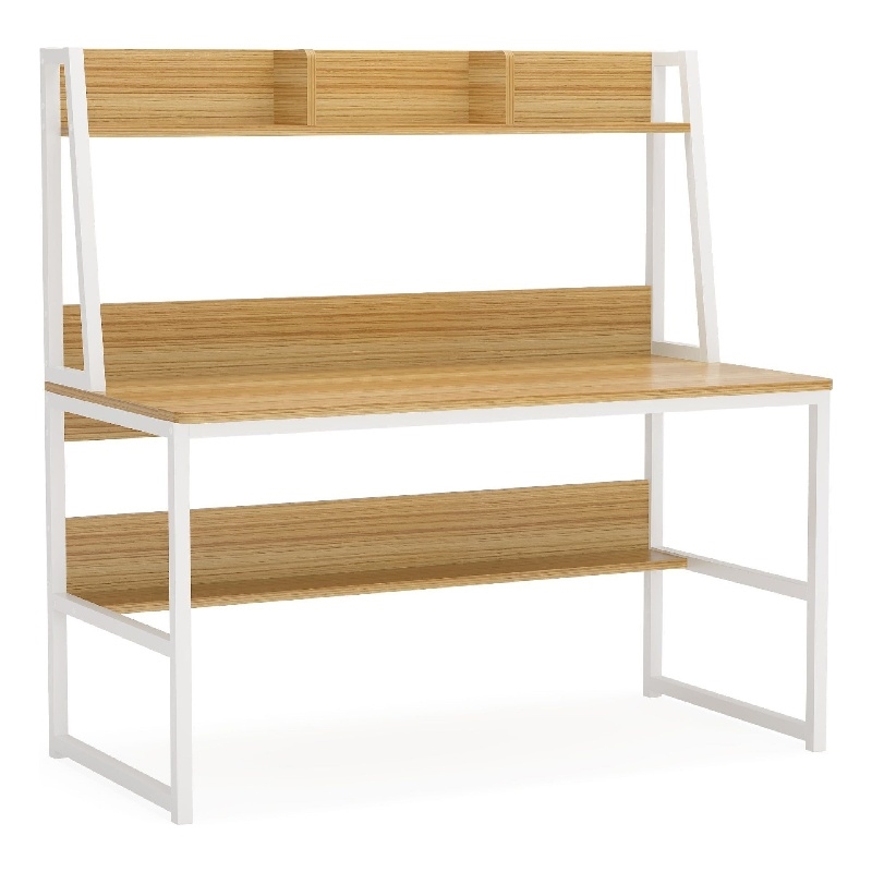 Benjara Modern Computer Desk with Hutch Bookshelf- White Brown Workstation