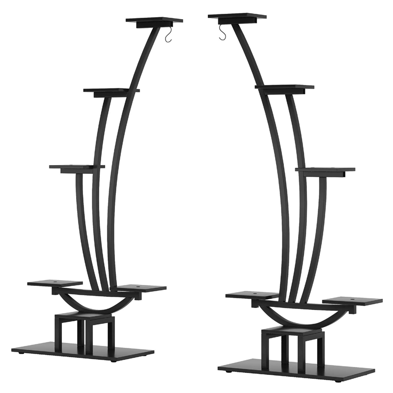 Benjara 6 Tier Plant Stand Set of 2 w Hooks- Curved Display Shelf- Black
