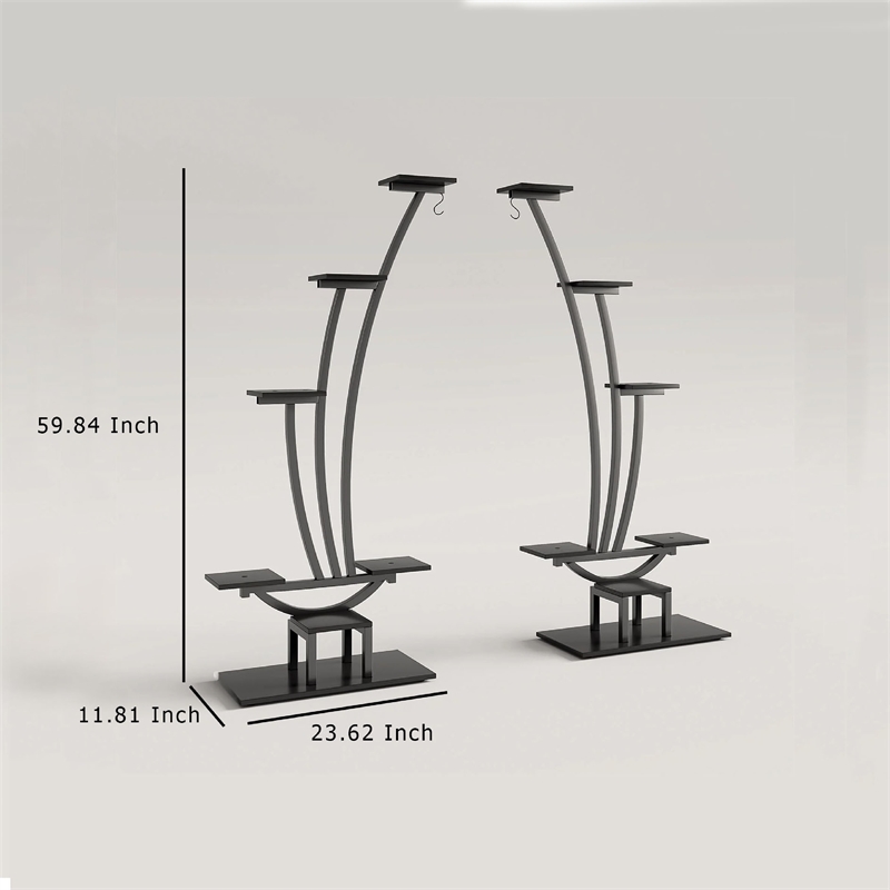 Benjara 6 Tier Plant Stand Set of 2 w Hooks- Curved Display Shelf- Black